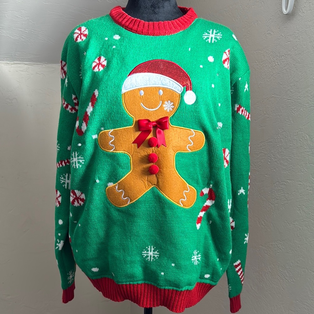 Festive Light up Christmas Sweater with Gingerbread Man & Candy Cane Design